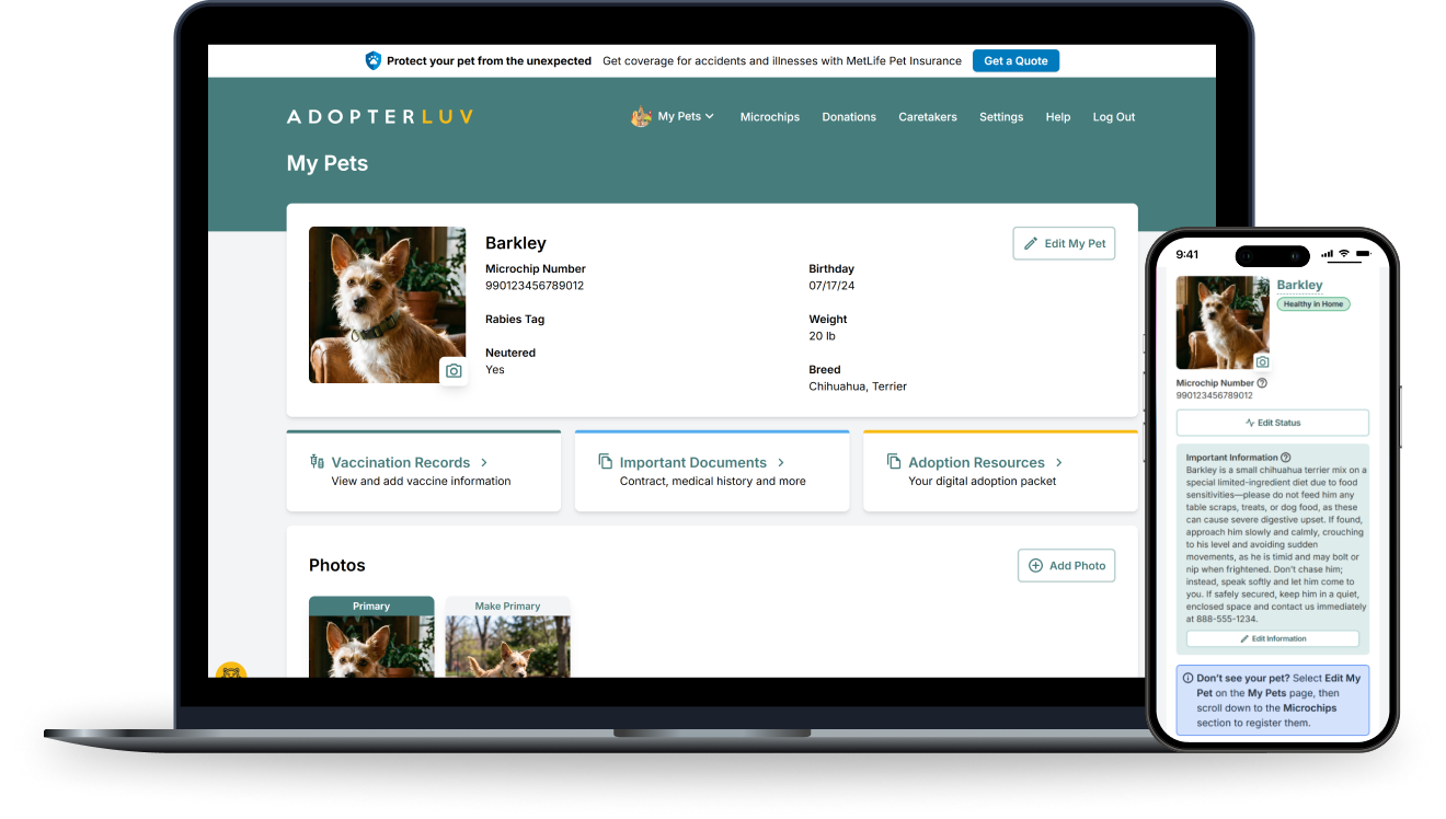 Adopterluv My Pets page showing a pet’s microchip registration on a laptop and a mobile phone