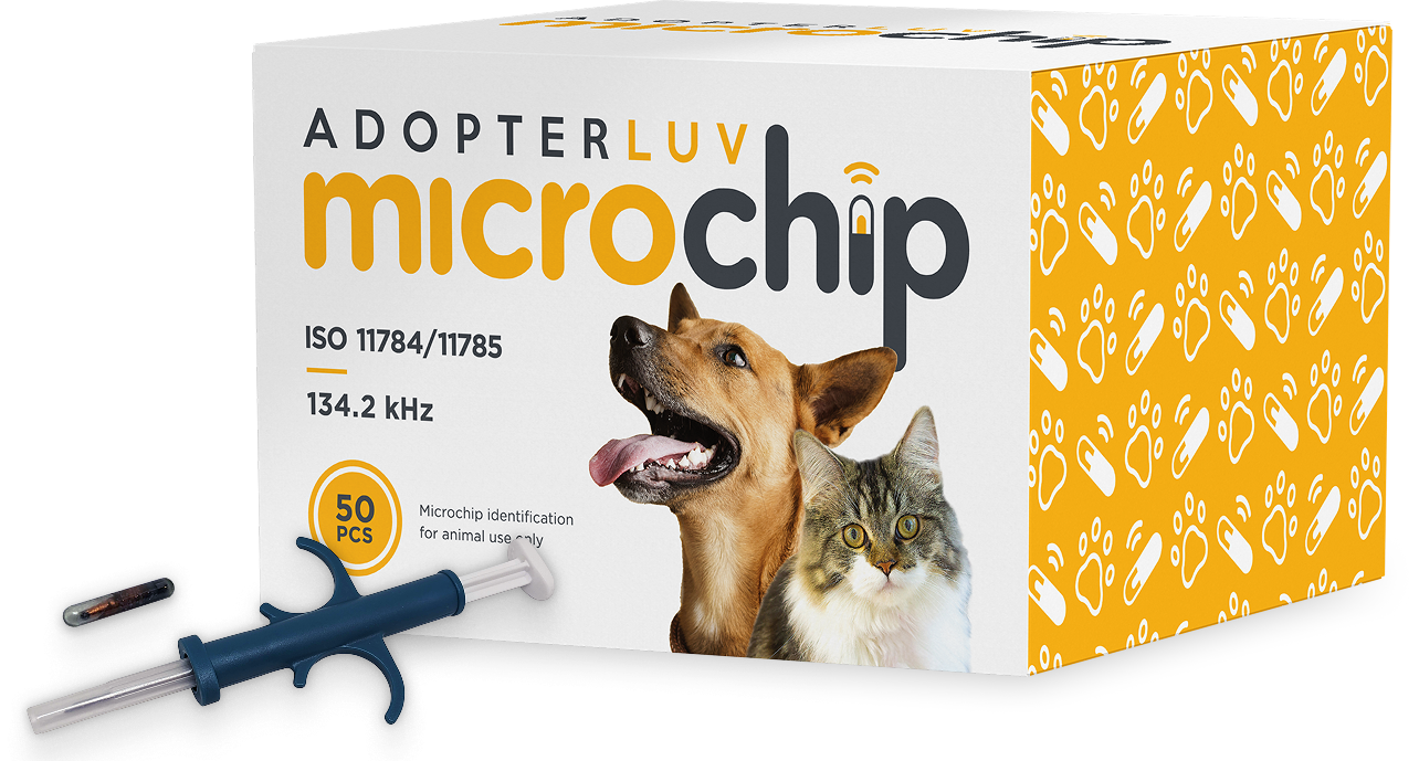 A box of 50 Adopterluv microchips with a pre-loaded syringe and glass microchip capsule