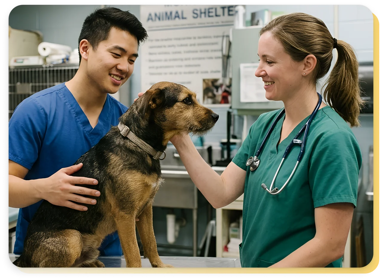 Veterinary staff examining a dog