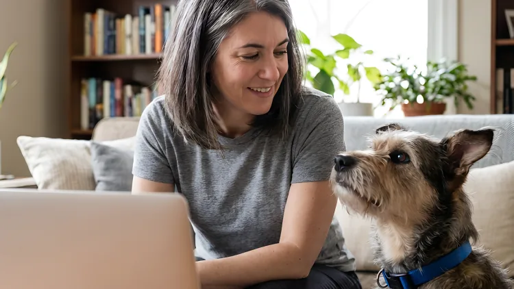 Woman using a laptop with her dog beside her