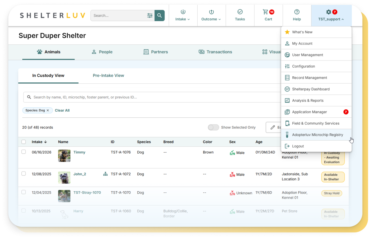 Shelterluv navigation menu with the Adopterluv Microchip Registry built in