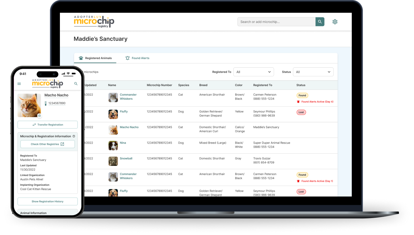Adopterluv Microchip Registry showing an organization’s registered animals on a laptop and a mobile phone