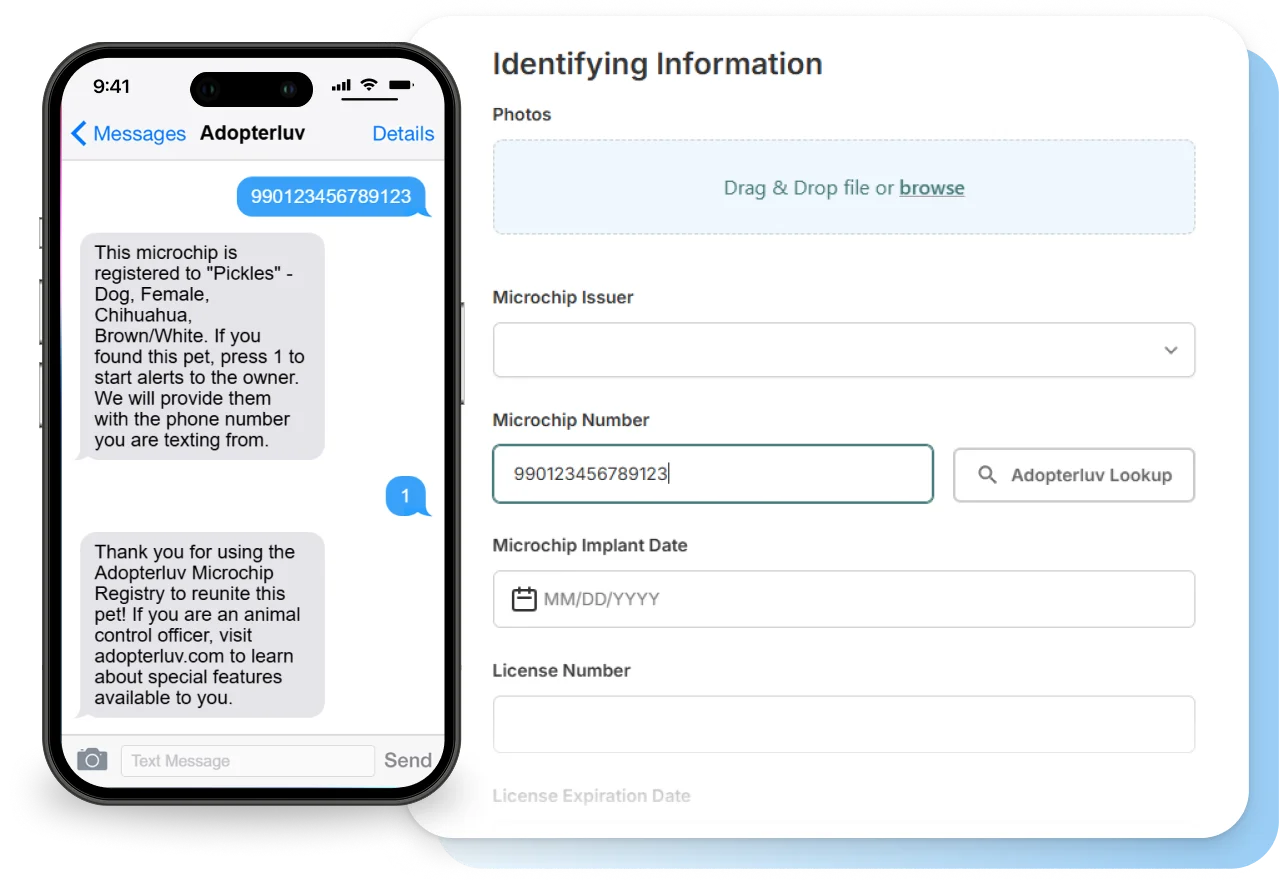 Texting a microchip number to Adopterluv and the matching registration form in Shelterluv